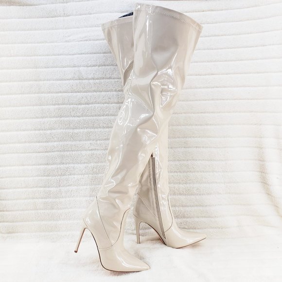 Bad Girlz Off White Nude Stretch Patent Wide Top Thigh High Heel Boots Brand New - Picture 1 of 10